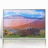 Acrylic print of a Bolivian landscape in art deco style with muted earth tones, ideal for nursery wall art.