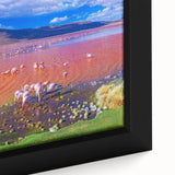 Framed canvas featuring a textured depiction of a Bolivian landscape in black with colorful accents.