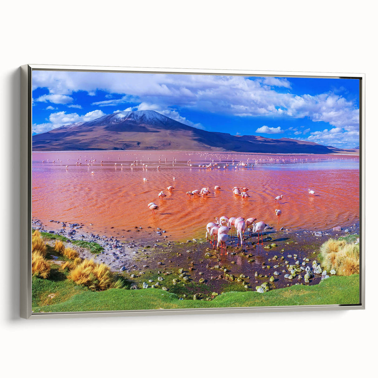 Landscape art painting of a Bolivian scenery on a silver-framed canvas.