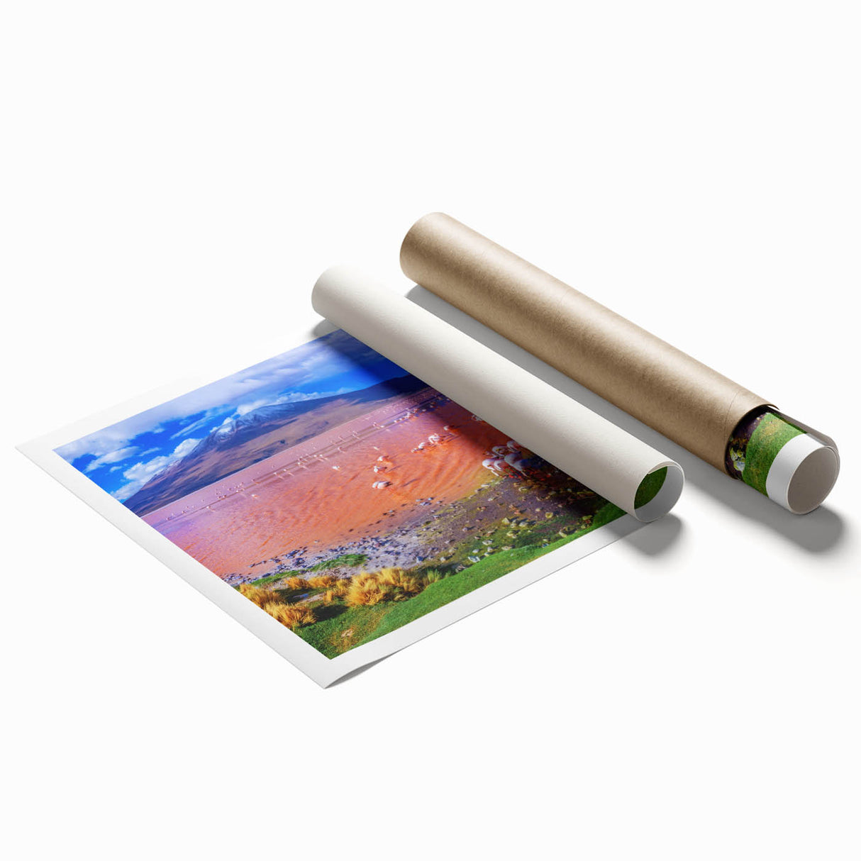 Extra large rolled print of a Bolivian landscape with vibrant floral elements, ideal for classy bathroom wall art.