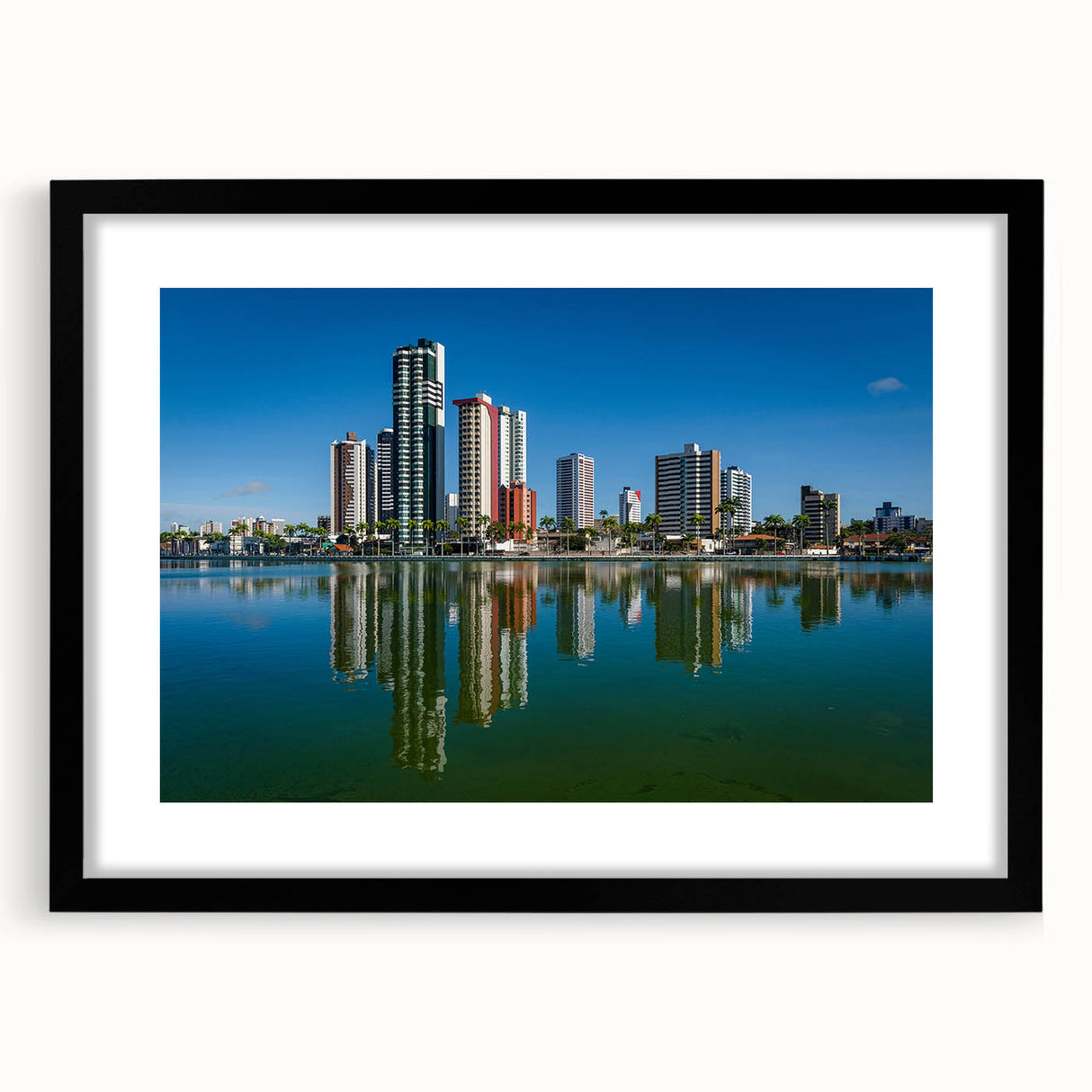 Extra large abstract art print of a vibrant, colorful Brazilian landscape on textured canvas, framed in black.
