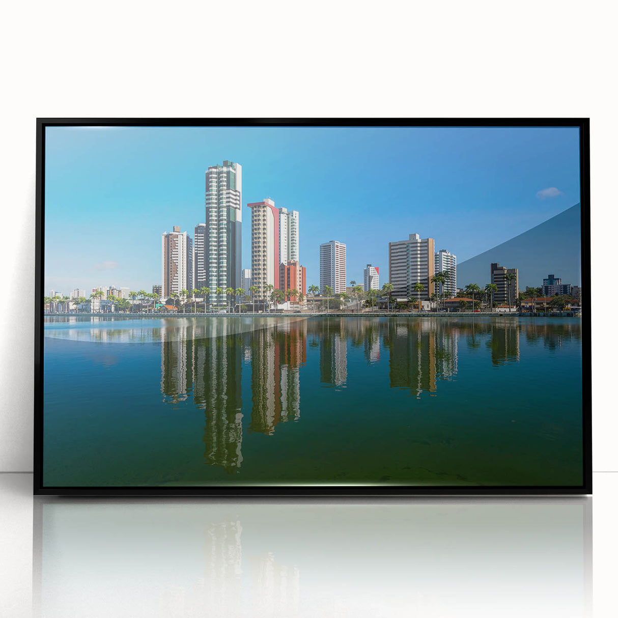 Large abstract wall art depicting a colorful Brazilian landscape in mid-century modernist style, framed in black acrylic.