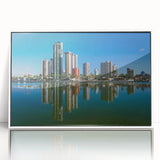 Art deco poster of a Brazilian landscape in pastel colors on a white framed acrylic, ideal for modern nursery wall art.