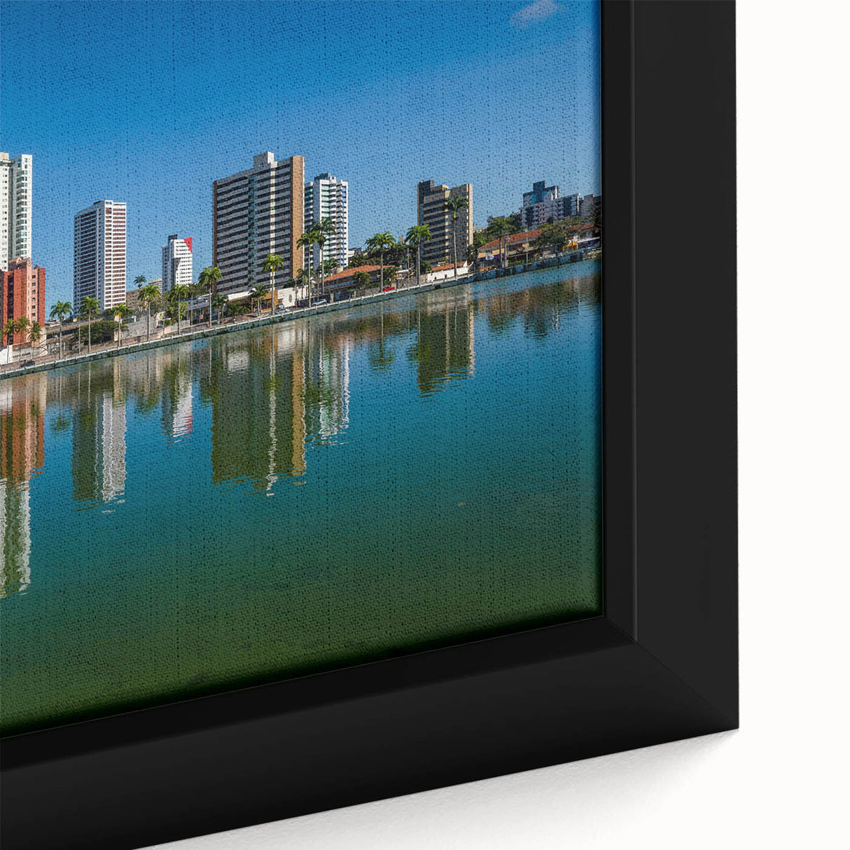 Extra large framed canvas featuring a black textured background with vibrant, colorful depiction of a Brazilian landscape.