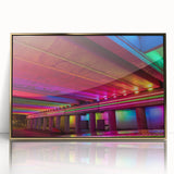 Large art print of Alabama scenery in mid-century modernist style with muted earth tones, framed in gold acrylic.