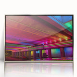 Mid-century modernist art depicting Alabama scenery in muted earth tones on a silver-framed acrylic print.