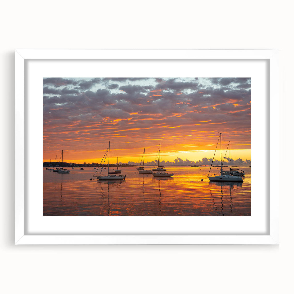 Abstract art print featuring a serene Connecticut landscape in soft blue and green tones, framed with a white mat.