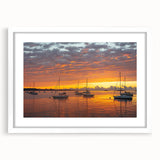 Abstract art print featuring a serene Connecticut landscape in soft blue and green tones, framed with a white mat.