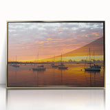 Large art print of Connecticut scenery in mid-century modernist style, acrylic framed in gold.