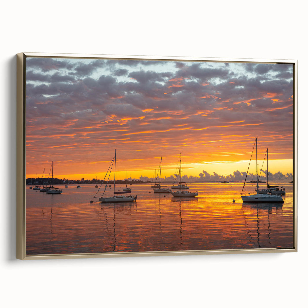 Framed canvas of a Connecticut landscape in muted gold and black tones, ideal for bedroom wall decor.