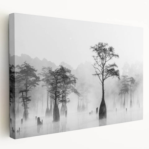 Large stretched canvas featuring a detailed Louisiana scenery in earthy green and blue tones, ideal for kitchen wall art.