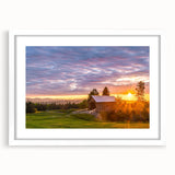 Abstract art print depicting Vermont scenery in muted greens and blues on a white matted frame.