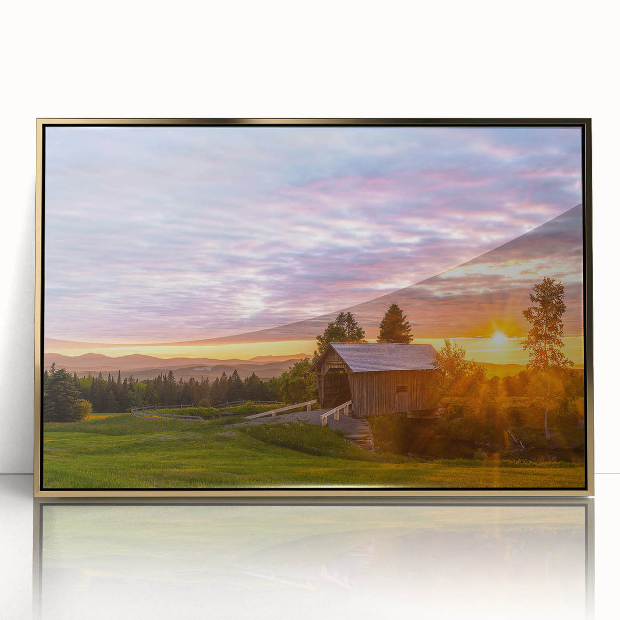 Mid-century modernist style Vermont landscape on large framed acrylic, featuring autumnal hues.
