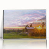 Acrylic print of a serene Vermont landscape in soft pastel colors, framed in white, ideal for nursery wall art.