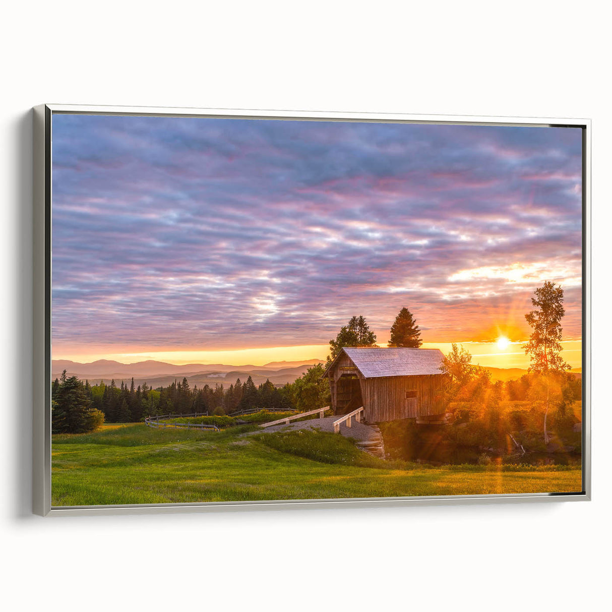 Landscape art painting of a Vermont scenery in colorful hues on a framed canvas, ideal for enhancing living room decor.