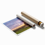 Extra large rolled print of Vermont scenery with floral elements in soft green and blue tones.