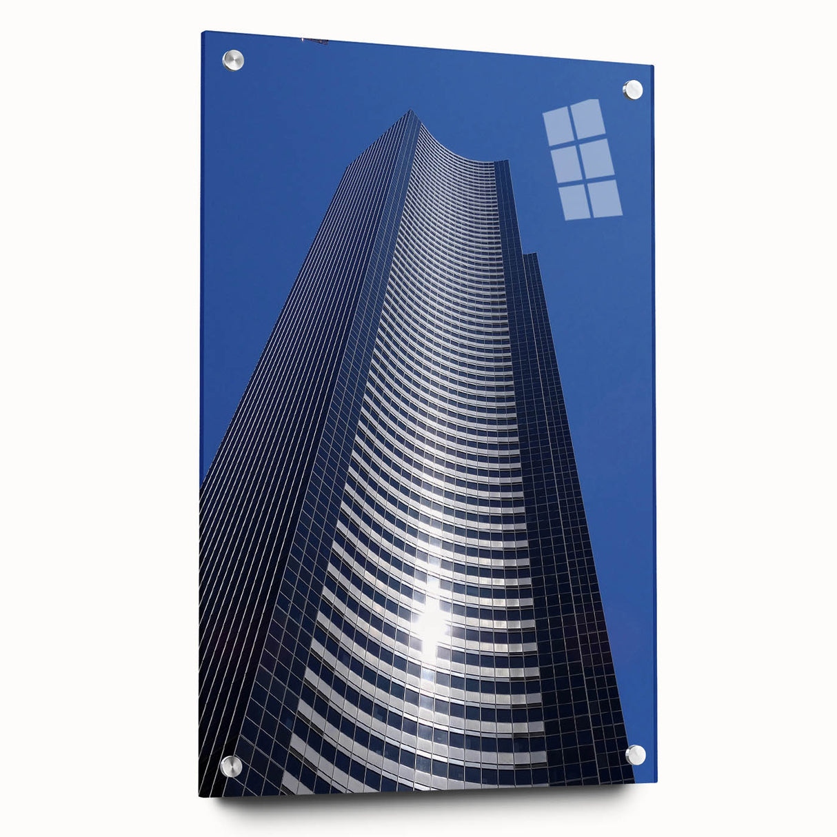 Acrylic print of Seattle skyline in muted blue and gray tones, ideal for modern bedroom ambiance.