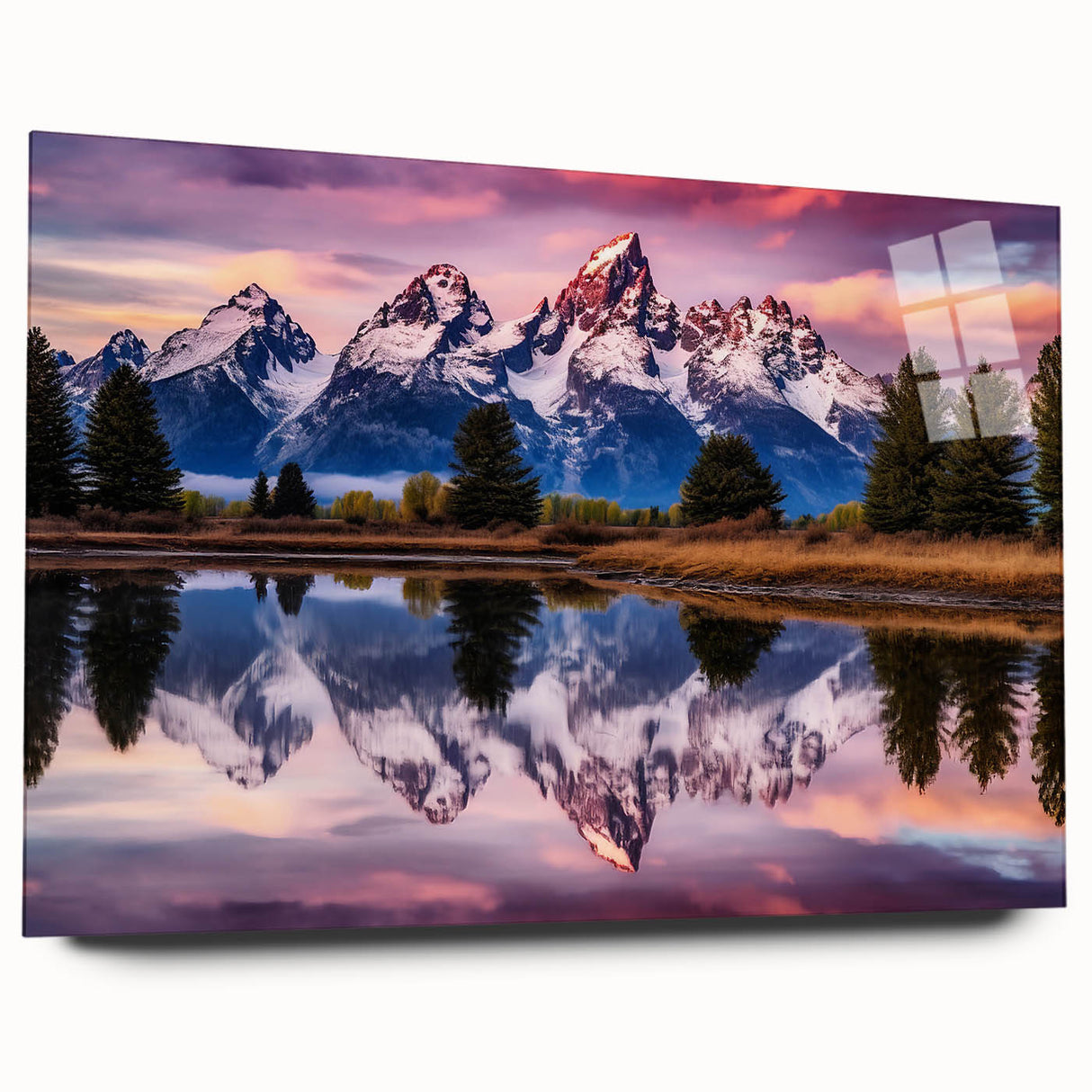 Acrylic print of the Grand Tetons in muted earth tones, ideal for bedroom or dining room art.