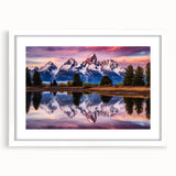 Abstract art print of the Grand Tetons in muted earth tones on a white framed canvas.