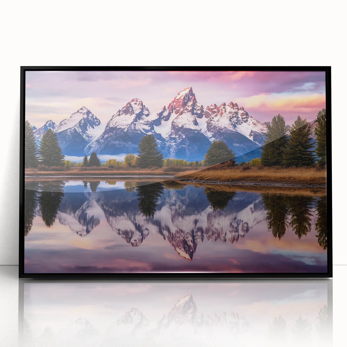 Large abstract wall art of the Grand Tetons in muted earth tones on a framed acrylic, suitable for modern living room decor.
