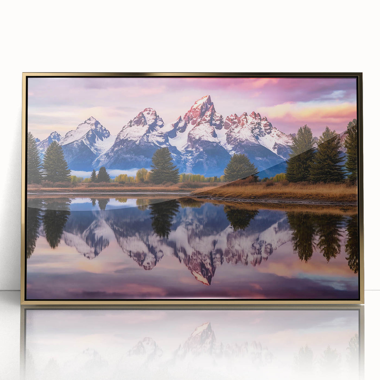 Framed acrylic print of the Grand Tetons in muted earth tones, suitable for modern art wall decor.