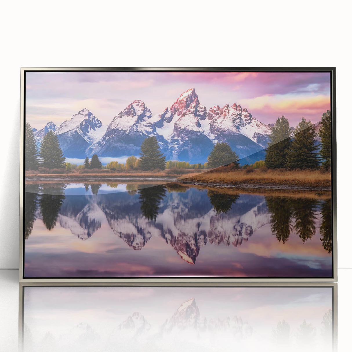 Mid-century modernist art depicting the Grand Tetons in muted earth tones on a framed acrylic print.