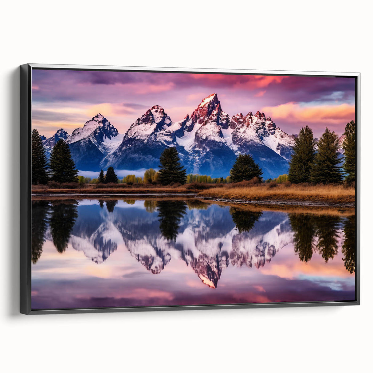 Black and white wall art of the Grand Tetons, framed canvas, ideal for bedroom ambiance.