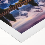 Art deco poster of the Grand Tetons with muted earth tones on rolled canvas, suitable for dining room wall art.