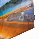 Large abstract wall art of Yellowstone scenery in vibrant earth tones on acrylic glass, ideal for dining room ambiance.