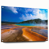 Acrylic print of Yellowstone scenery with vibrant greens and blues, suitable for bedroom or dining room decor.