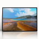 Large abstract wall art of Yellowstone scenery in muted earth tones on framed acrylic, ideal for modern living room decor.