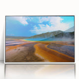 Acrylic print of Yellowstone scenery with muted earth tones in an art deco style, suitable for modern art wall decor.