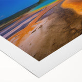 Art deco poster of Yellowstone scenery in muted earth tones on rolled canvas, suitable for dining room wall art.