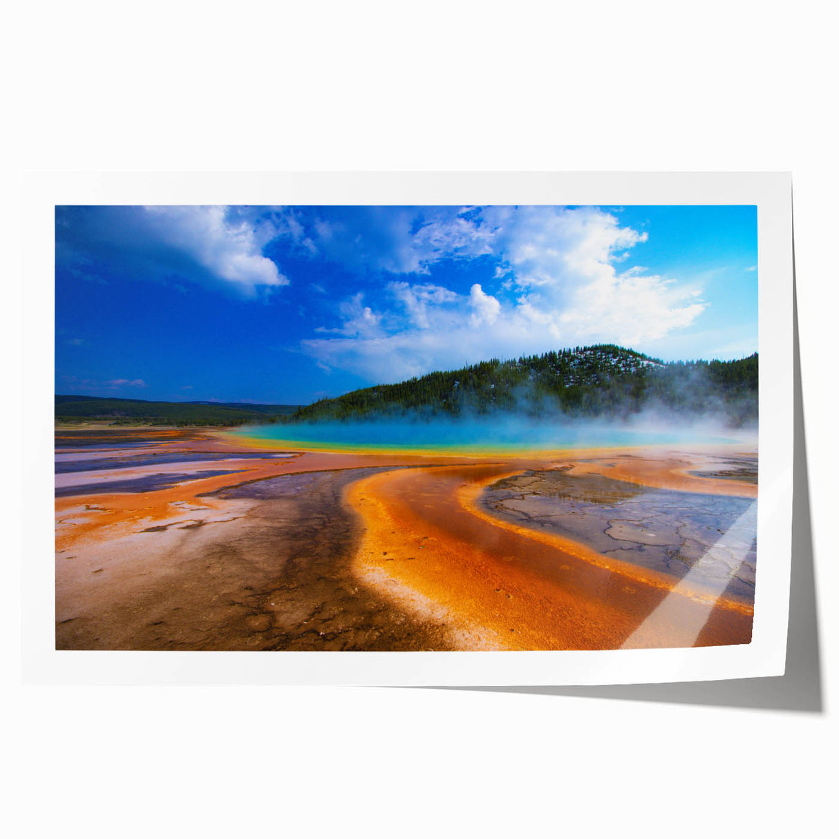 Yellowstone National Park scenery on a rolled canvas print, featuring vibrant green and blue tones.