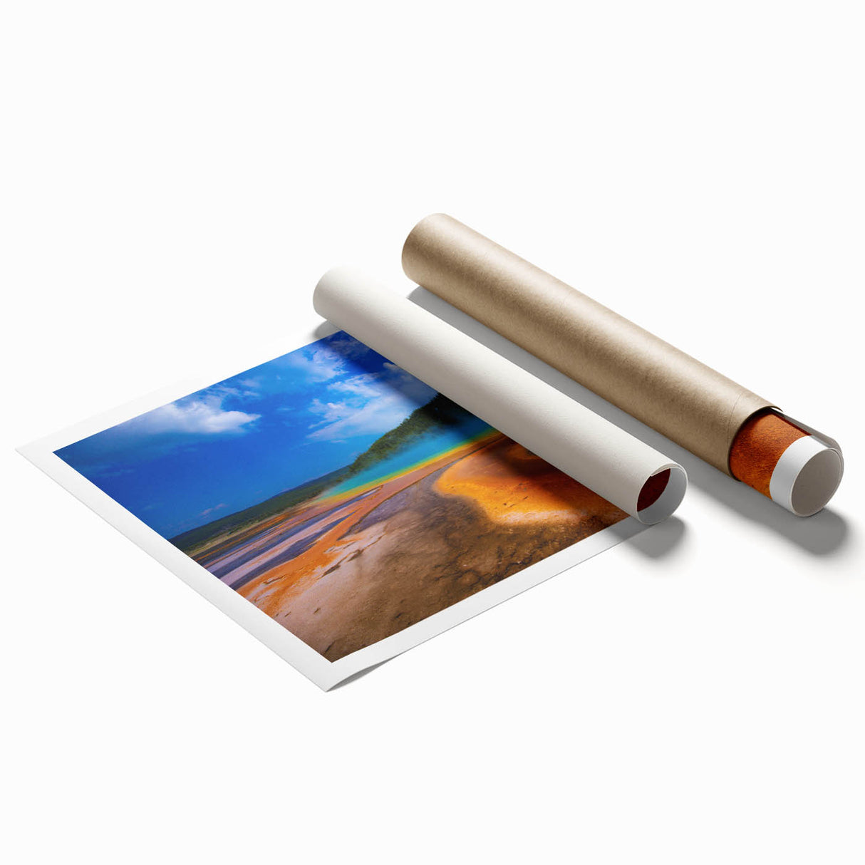 Yellowstone National Park scenery on a large rolled canvas print, featuring vibrant green and blue tones.