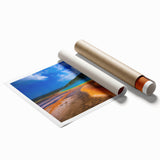 Yellowstone National Park scenery on a large rolled canvas print, featuring vibrant green and blue tones.