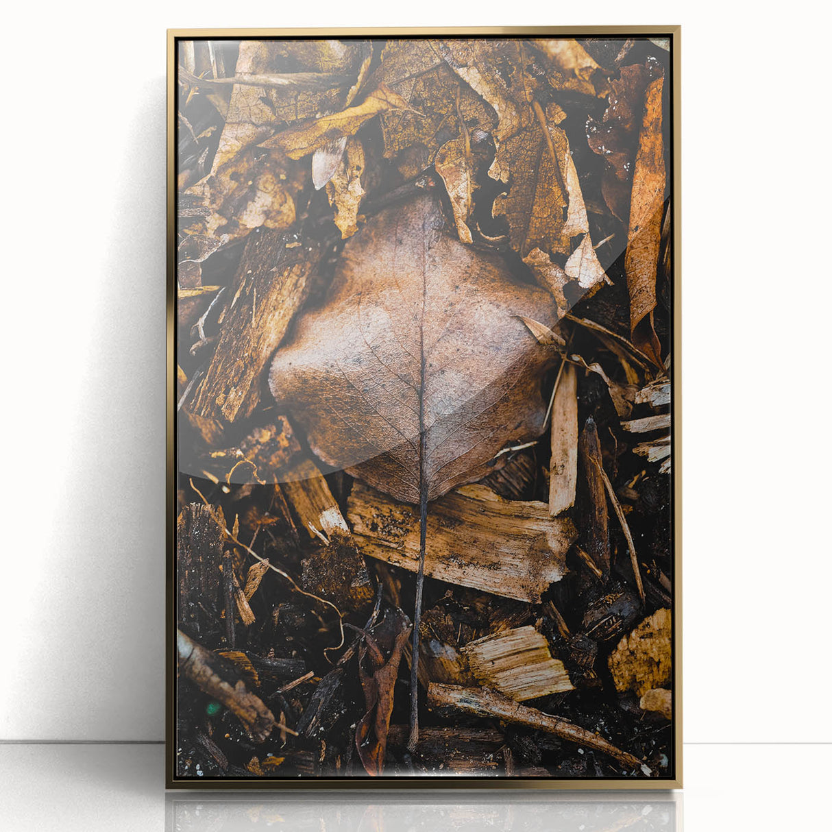 Mid-century modernist art featuring a fall landscape in muted gold and brown tones on framed acrylic.