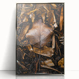 Mid-century modernist art depicting fall scenery in muted orange and brown tones, framed in silver acrylic.