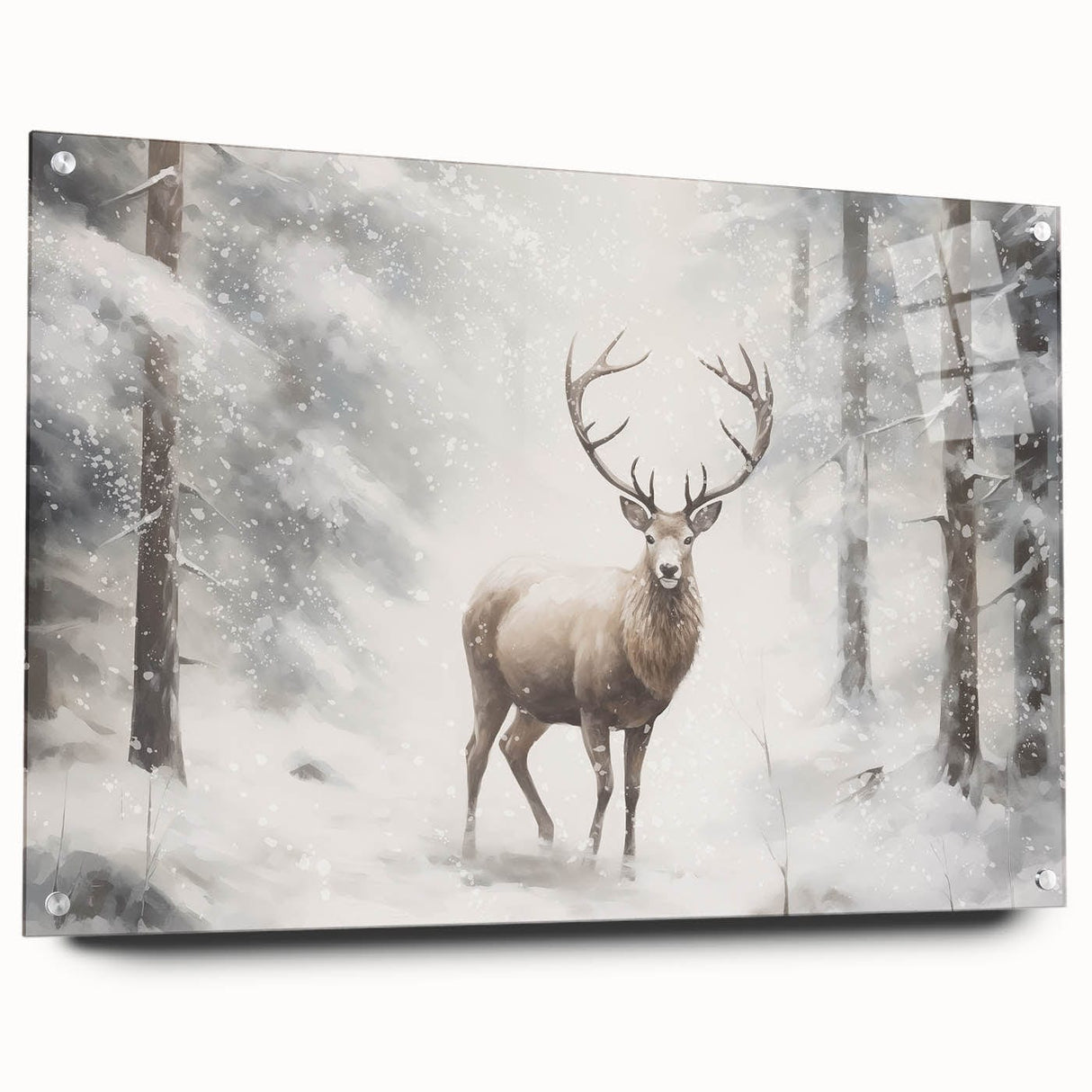 Large abstract wall art on acrylic glass depicting winter season, using cool blue and white tones.