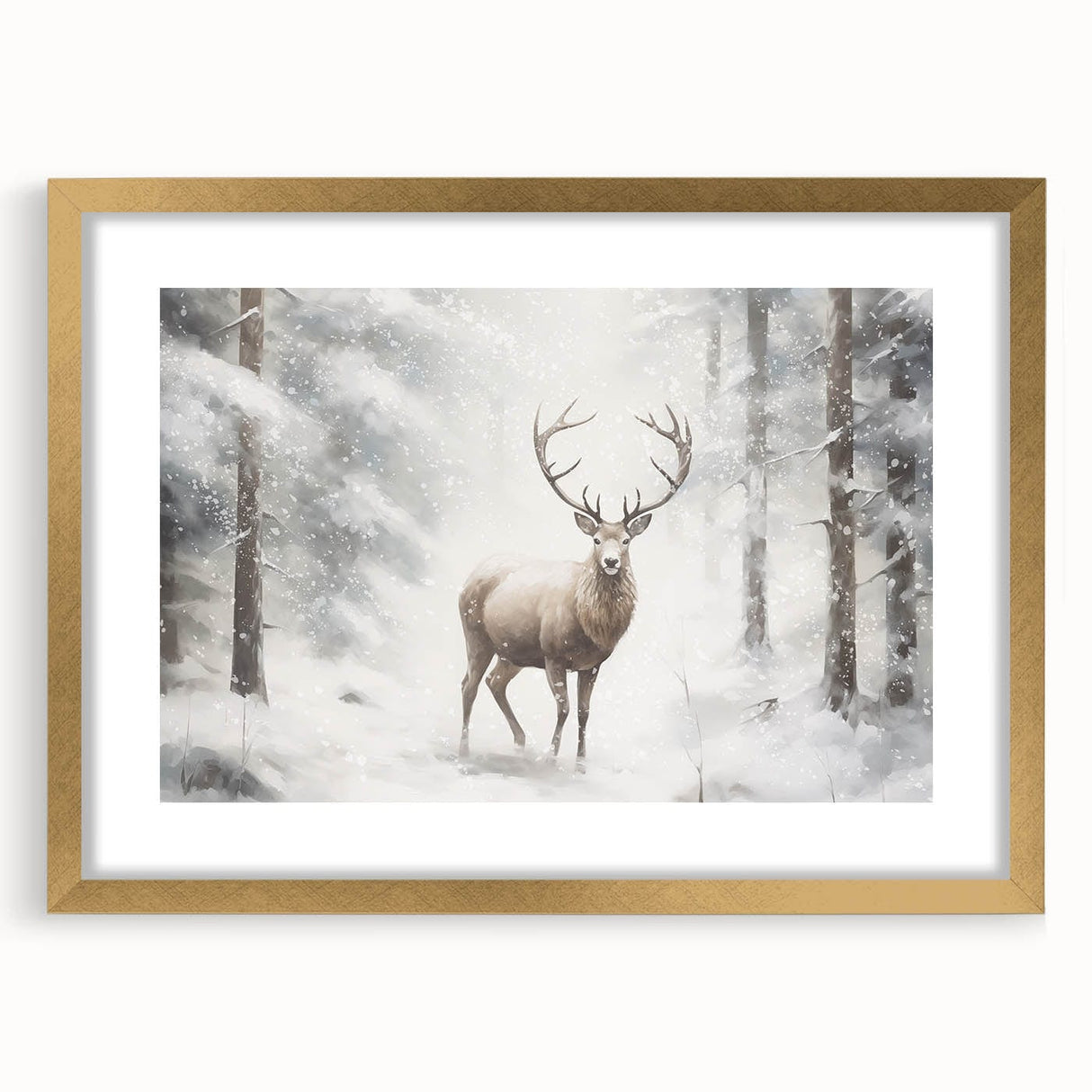 Extra large abstract art print featuring textured white swirls on a dark background, framed in gold.