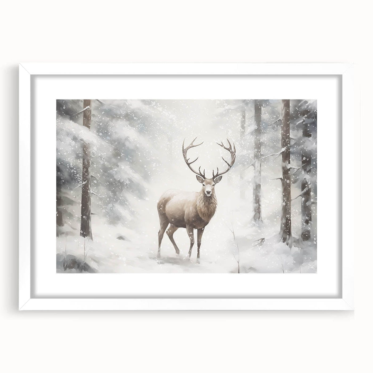 Abstract art print depicting a winter scene in muted blue and white tones on a framed white mat, ideal for dining room decor.