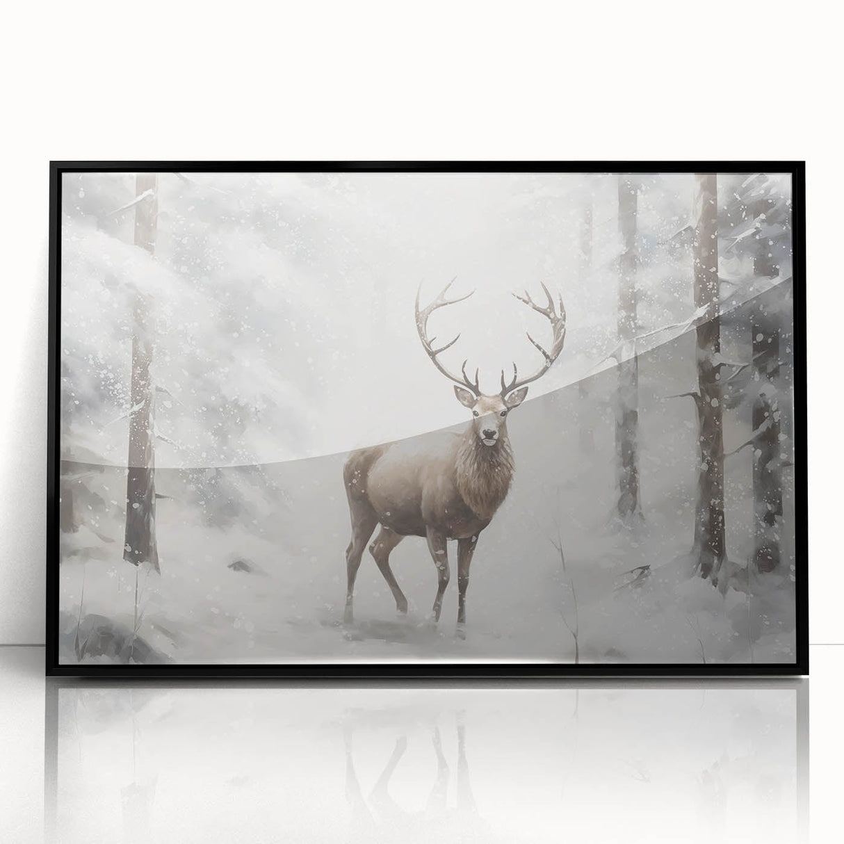 Large abstract wall art featuring winter-themed colors in blues and whites, acrylic print framed in black.