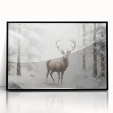 Large abstract wall art featuring winter-themed colors in blues and whites, acrylic print framed in black.
