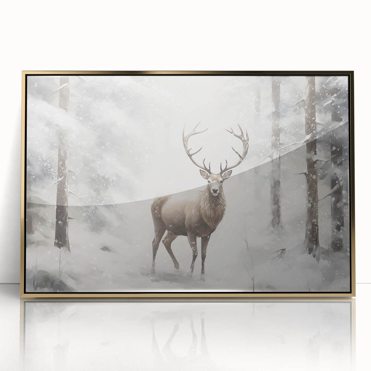 Mid-century modernist winter scene in muted blue and white tones, framed acrylic print, ideal for nursery wall decor.