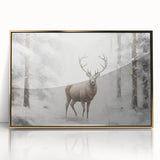 Mid-century modernist winter scene in muted blue and white tones, framed acrylic print, ideal for nursery wall decor.