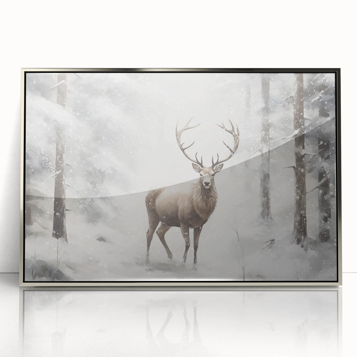 Mid-century modernist art depicting a winter scene in acrylic, with cool blue and white tones, framed in silver.