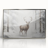 Mid-century modernist art depicting a winter scene in acrylic, with cool blue and white tones, framed in silver.