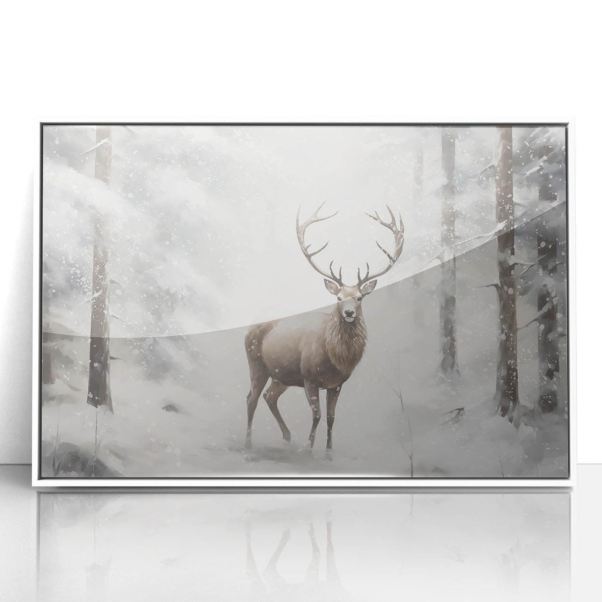 Art deco poster of a stylized winter scene in muted blue and white tones, framed acrylic, ideal for nursery wall art.