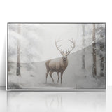 Art deco poster of a stylized winter scene in muted blue and white tones, framed acrylic, ideal for nursery wall art.