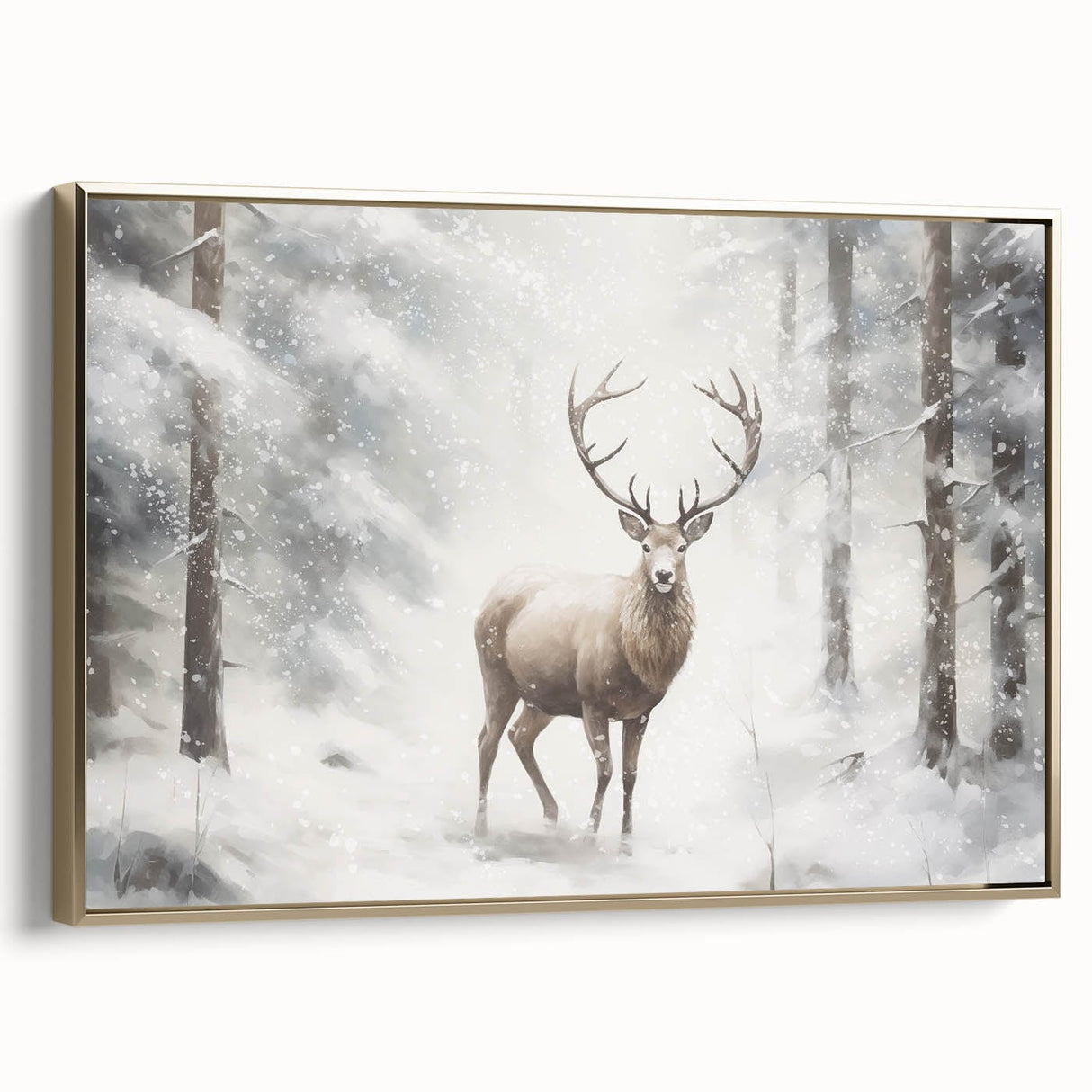 Winter landscape painting on framed canvas with muted white and gray tones, ideal for bedroom wall art.